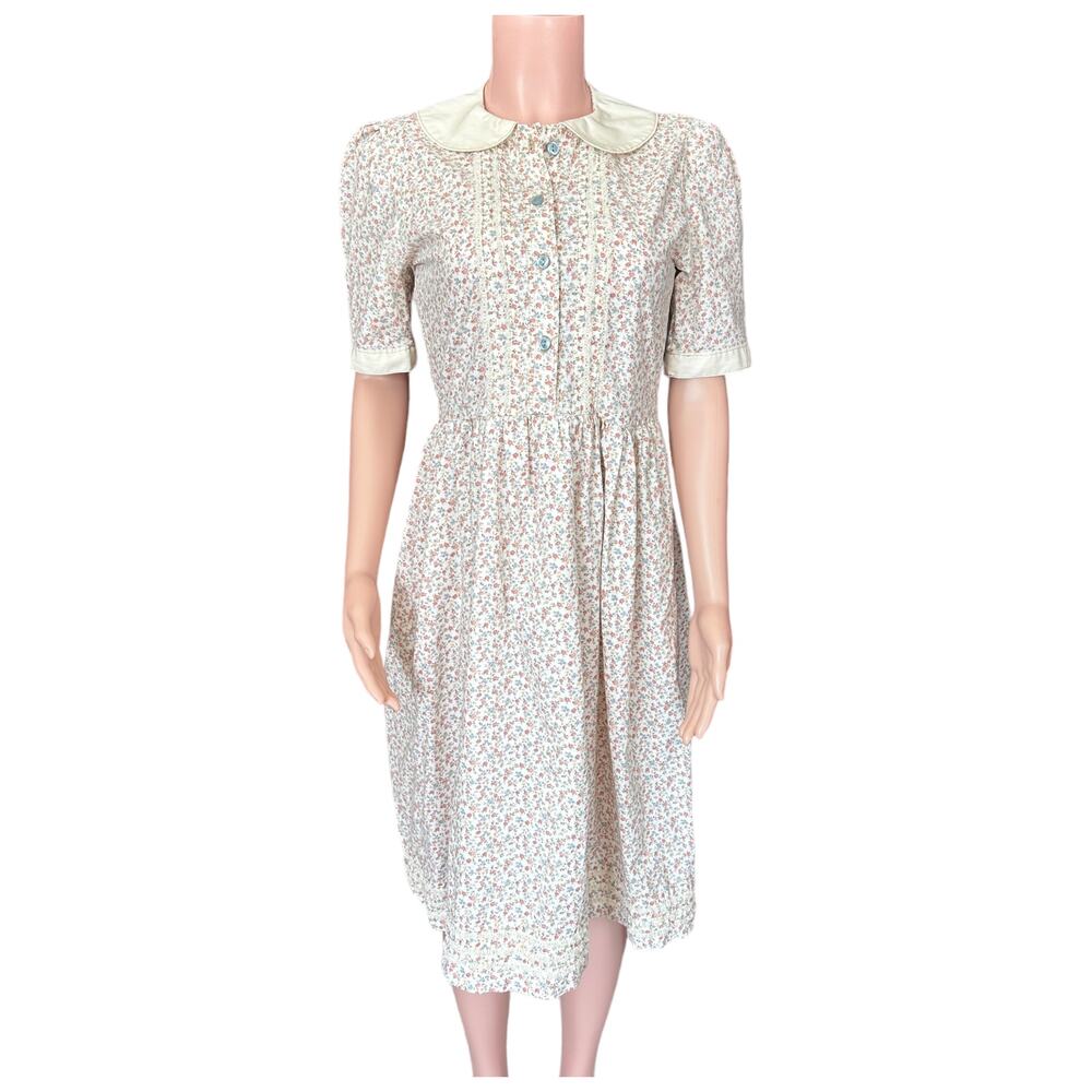 Vintage 70s Cotton Floral Prairie A-Line Cottagecore Midi Dress Size Med Large